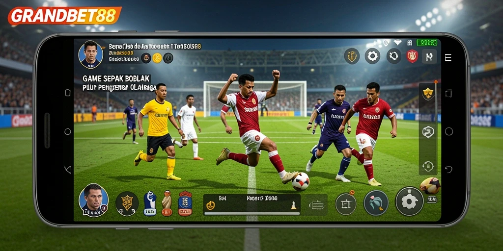 Tampilan gameplay GRANDBET88 dengan aksi seru di lapangan sepak bola.