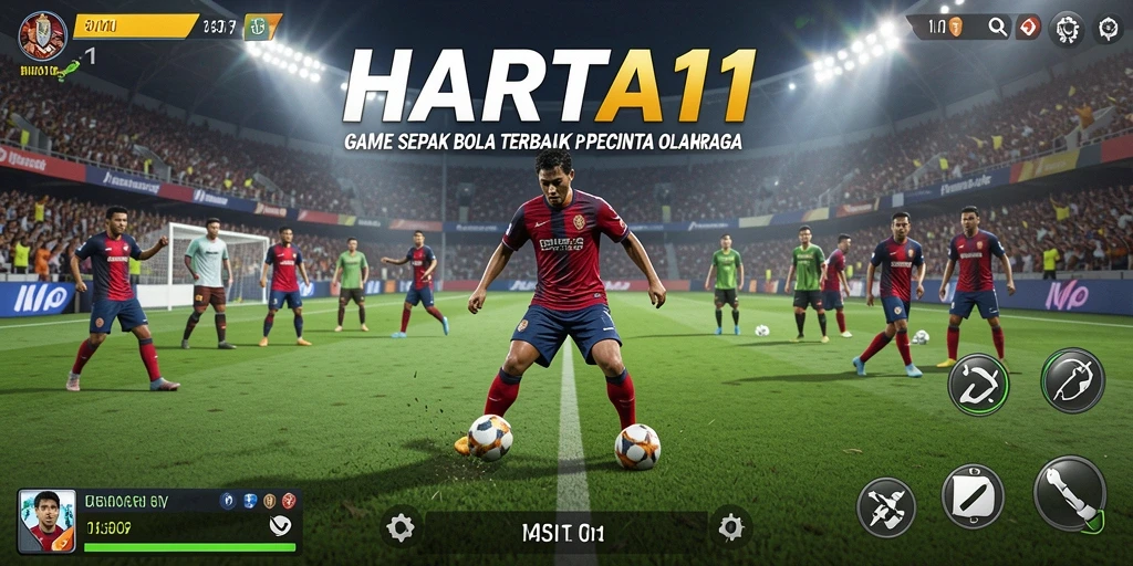 Tangkapan layar utama HARTA11 menunjukkan momen seru di lapangan sepak bola.